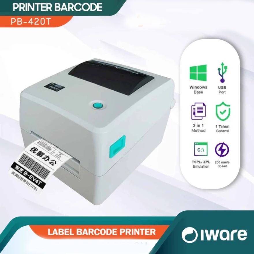 Printer Barcode IWARE PB-420T Print Label Stiker Thermal Semicoated