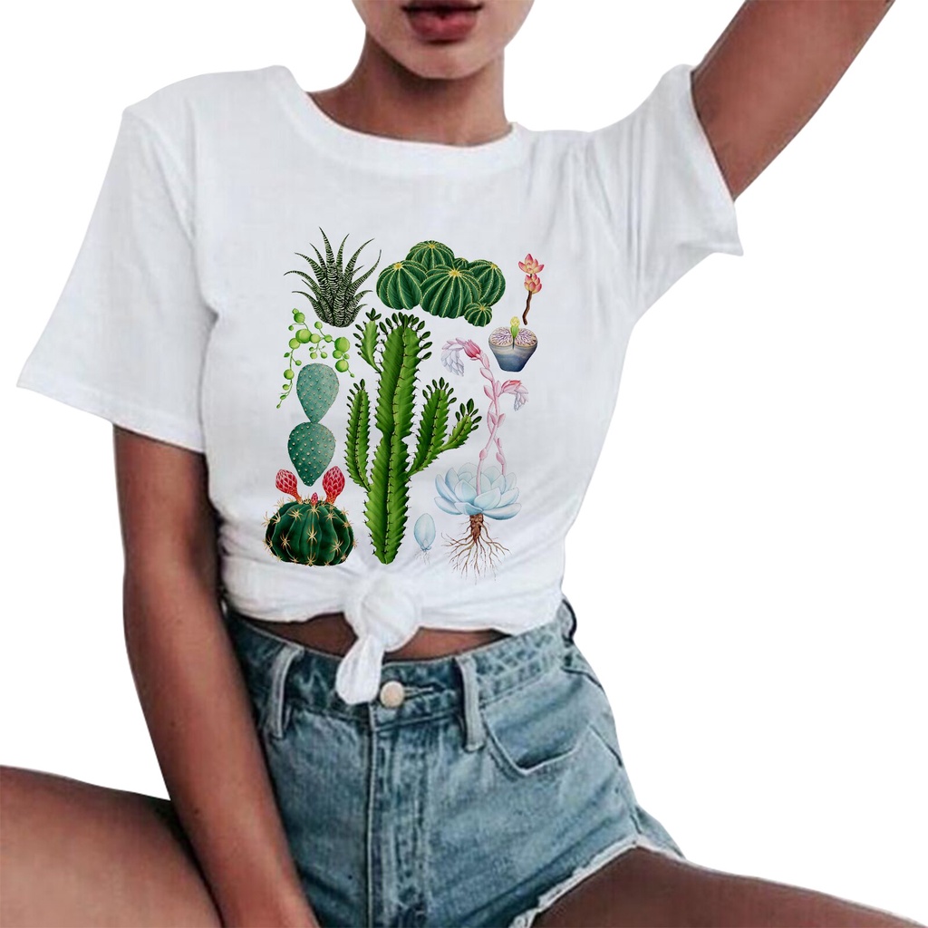 Image of PREORDER Womens Fun Floral Print T-shirt Casual Plant Pattern Tshirt Cute Plant Top Summer Punk Short Sleeve Tees Clothes #1