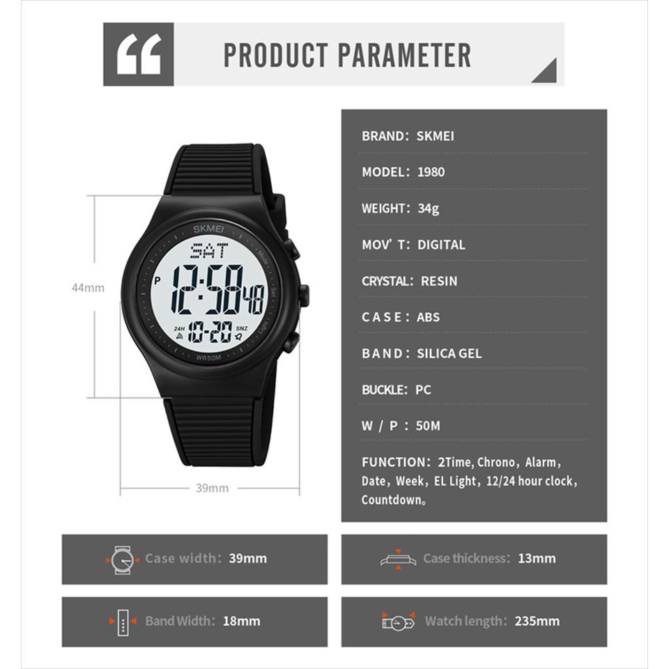 Jam Tangan Pria SKMEI 1980 Digital Rubber 5 atm Original