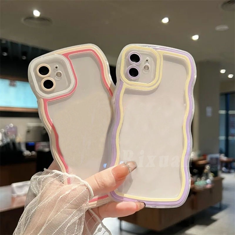 Wavy Frame Case OPPO A57 2022 A17 A77S A12 A55 A16K A95 A96 A74 A1K A5s A15 A54 A7 A53 A16 A3s A16E A31 A52 F9 Jahitan Kontras Warna Macaron Simple Soft TPU Clear Cover RIXUAN