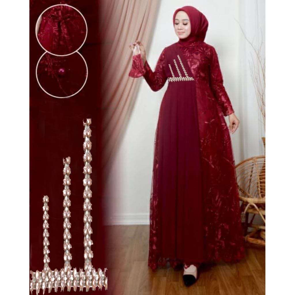 Gamis muslim Syari Canila Fashion Terbaru Brukat premium Baju Wanita Jumbo Abaya Syari Remaja Kekinian Kondangan Pesta Terbaru Bunga Cokelat Navy Putih