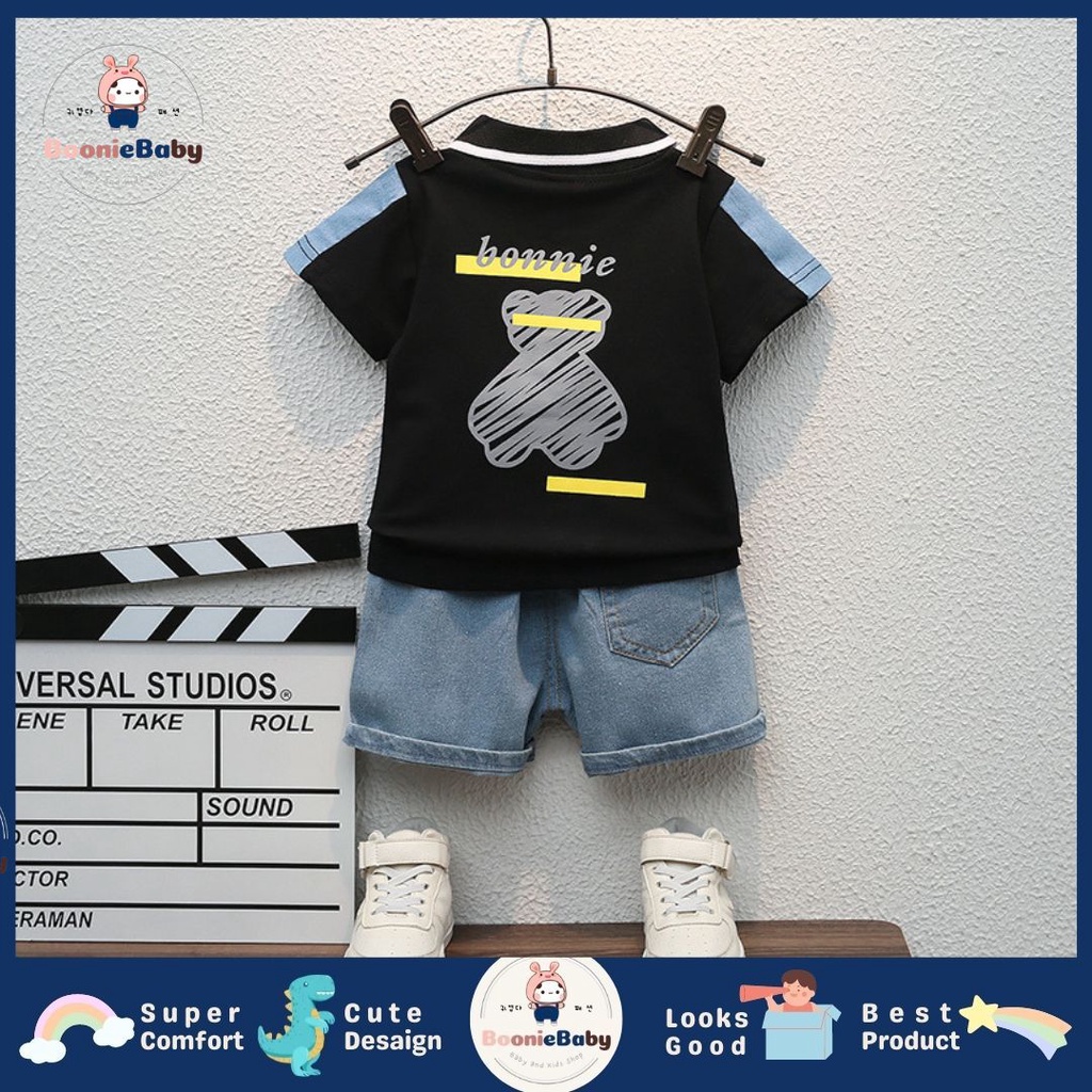 boonie [COD] setelan kaos polo celana pendek denim bear anak laki laki usia 1 2 3 4 5 fashion import SET SILVERBEAR