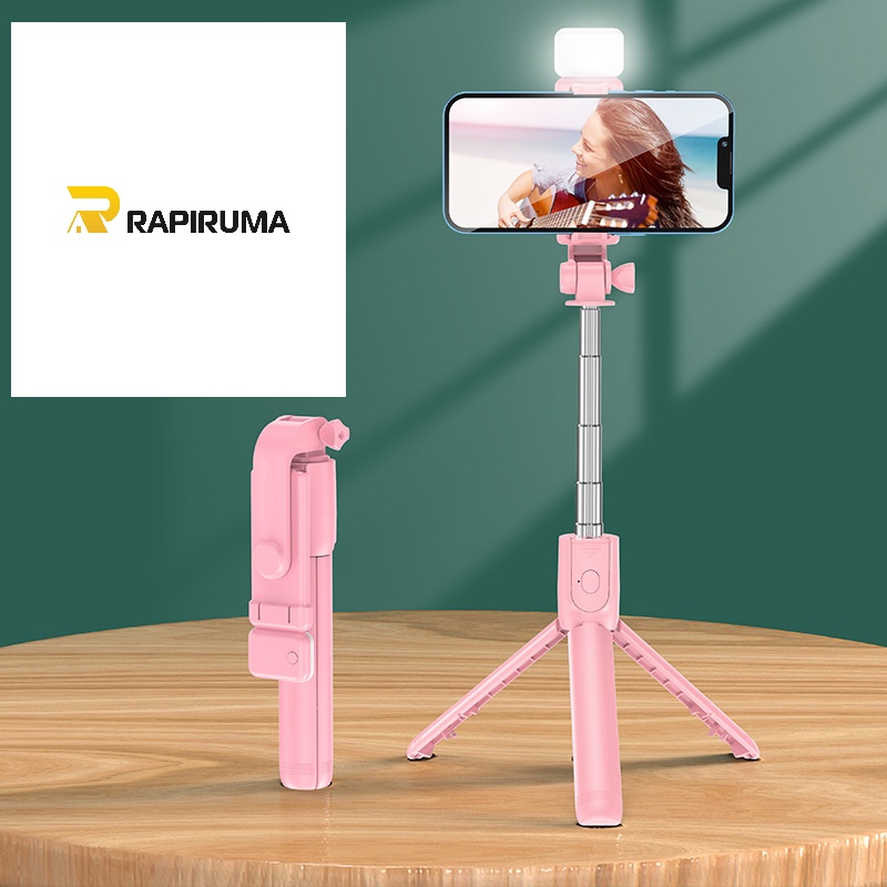 Tongsis Selfie Tripod Lampu LED Bluetooth 4 In 1 dengan remote control/ Selfie Stick Portable Flexible lampu LED/ Selfie Stick 360º-PINK + LED