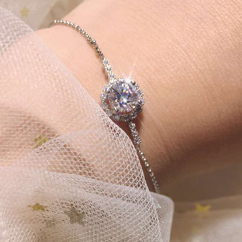 Diamond Jewelry Gelang Berlian Eropa Asli/Gelang Tangan Wanita Korea/Perhiasan Wanita Gelang/Gelang Moissanite Bunga, 925 Perak Dilapisi Emas Putih 18k, 16cm-20cm