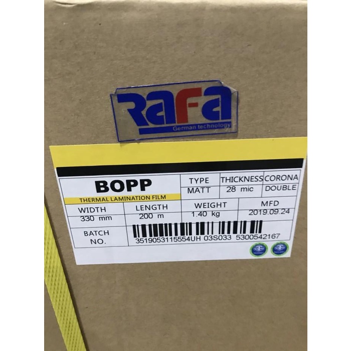 

Plastik Laminating 330 x 200m x 28 mic Matte/Matt RAFA