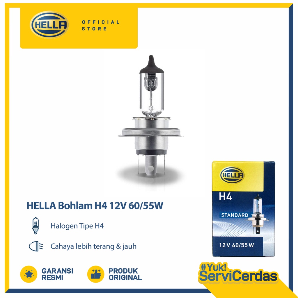 Hella Lampu Mobil Bohlam Halogen H4 12V 60/55W P43T 1pcs - Lampu Aksesoris Mobil Premium Untuk Tipe 