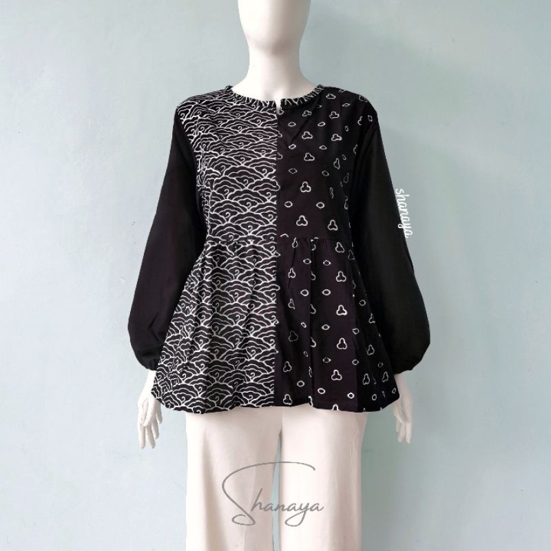Shanaya Batik Blus Kombinasi Lengan Balon blouse kerja kuliah seragam kantor cantik