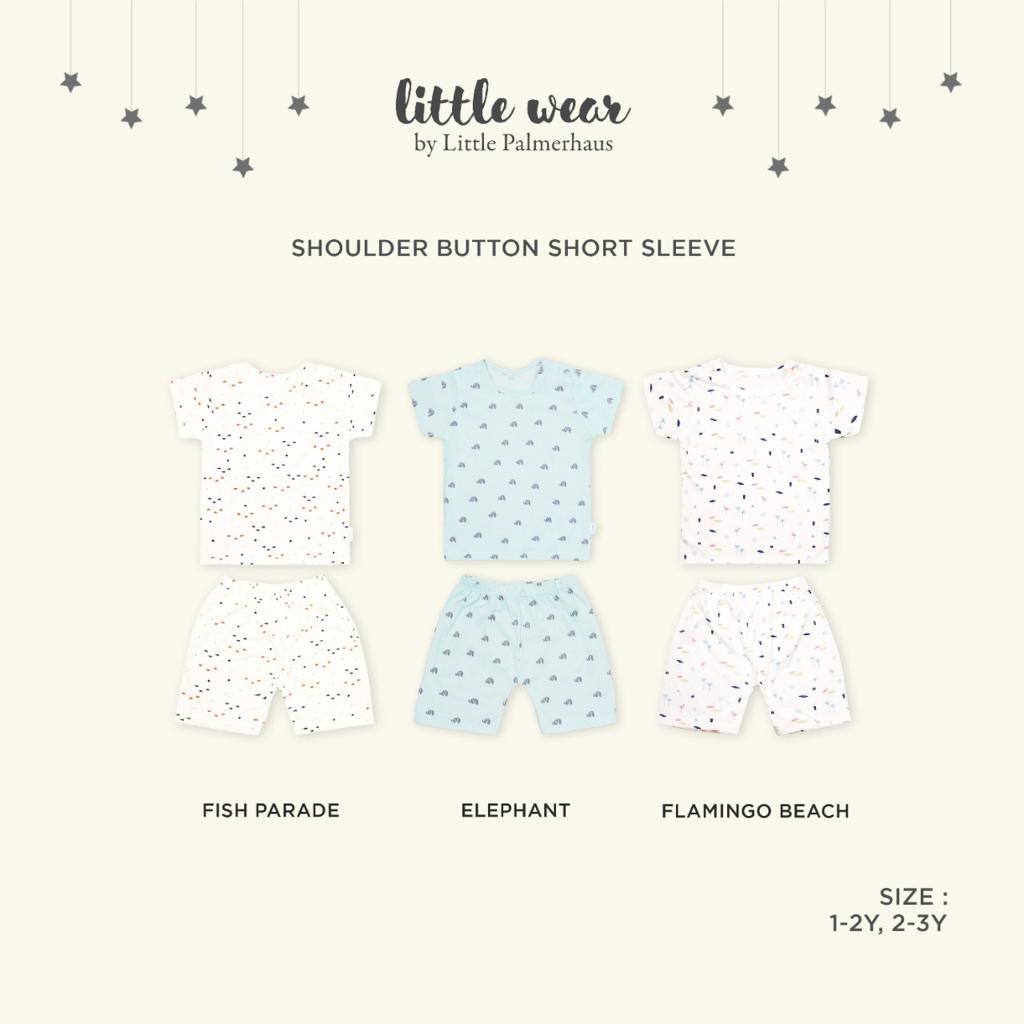 Baju Anak Bayi 1 – 3 Tahun Setelan Pendek Palmerhaus Little Wear Shoulder Button Short Sleeve Fish Parade / Elephant / Flamingo Beach