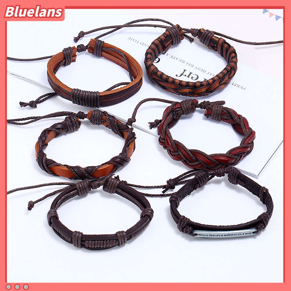 6pcs / Set Gelang Multilayer Bahan Kulit Imitasi Handmade Gaya Vintage Punk Untuk Pria