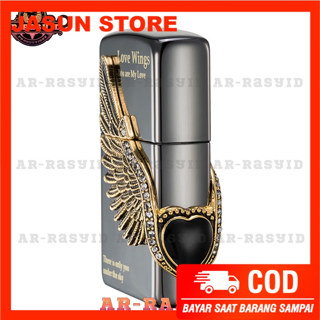 Bisa COD! Korek Api Minyak Zippo Hitam Black Ice Motif Love Wings ZBT-1-16A