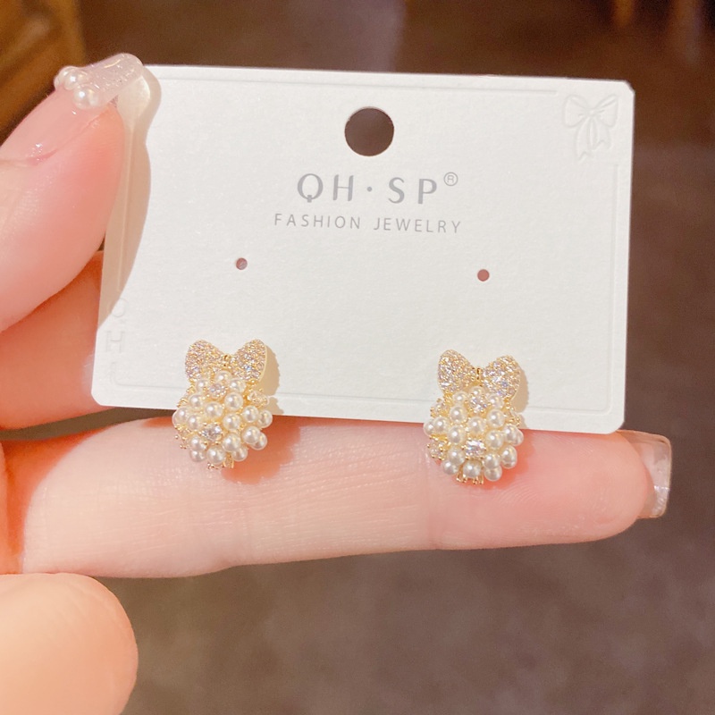 Anting Tusuk Silver Wanita Desain Pita Hias Zircon Mutiara Gaya Jepang Korea