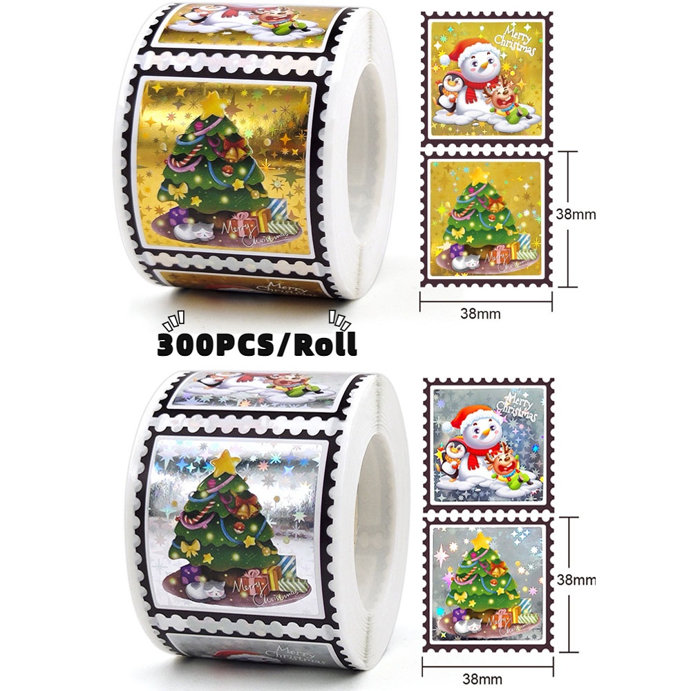 300pcs / Roll Stiker Label Desain Snowman Untuk Dekorasi Natal