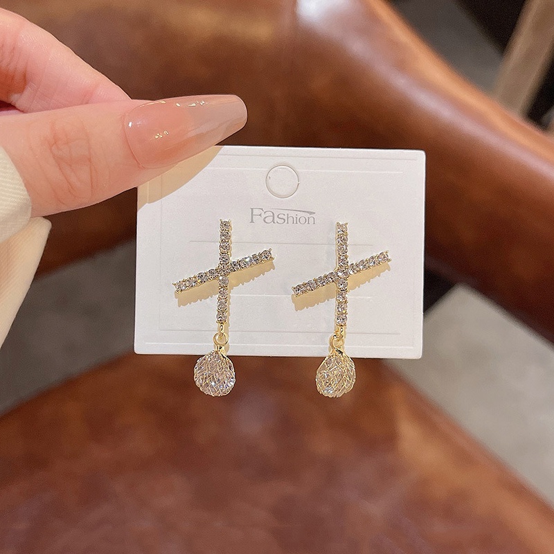 Anting Tusuk Gantung Sterling silver 925 Desain Salib Hias Kristal / Berlian Untuk Wanita