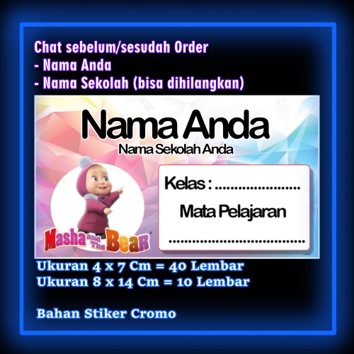 

Stiker Label Buku Masha & the bear dan kartun lucu Karakter Lucu Custom Lebel Nama cromo murah 20 Varian berbeda Sticker Pelajaran Mapel buku anak sekolah Vol 4