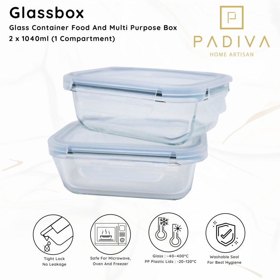 Padiva 1040ml (2pcs) Glassbox 1 compartment - Kotak kaca microwave tempat bekal glass box 1.040 ml