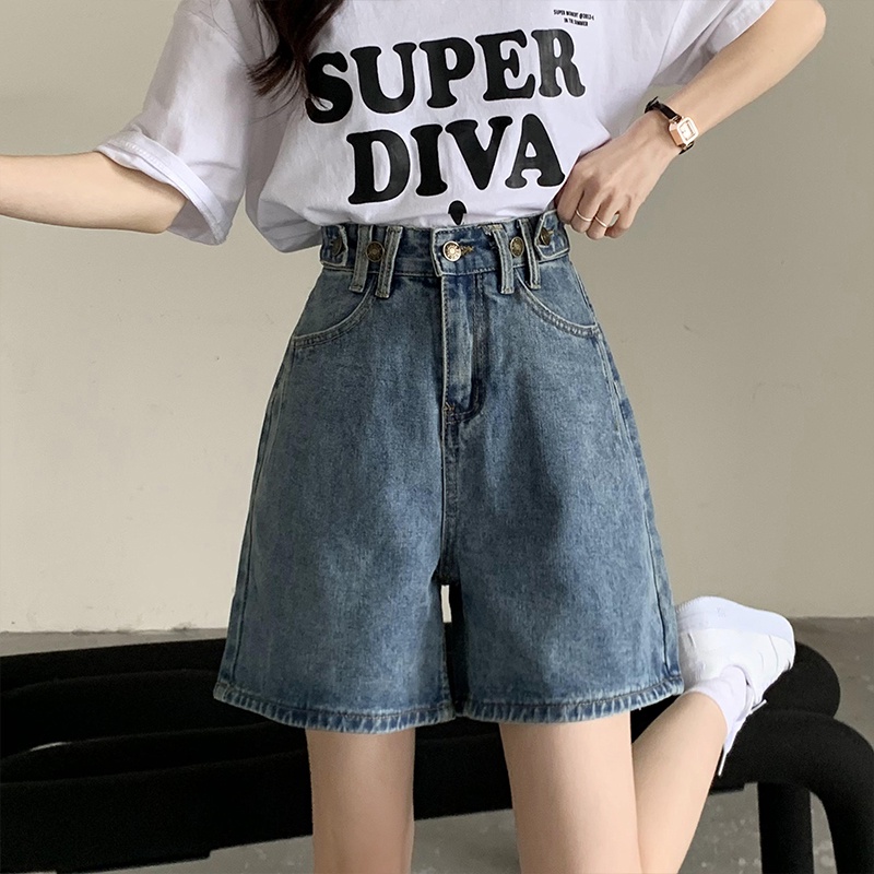 Warna Biru Kasual Celana Pendek Denim Pinggang Tinggi Wanita