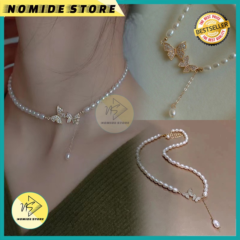 Kalung Mutiara Pearl Motif Kupu-Kupu Wanita Korea Aksesoris Bahan Alloy Kualitas Terbaik KLG56