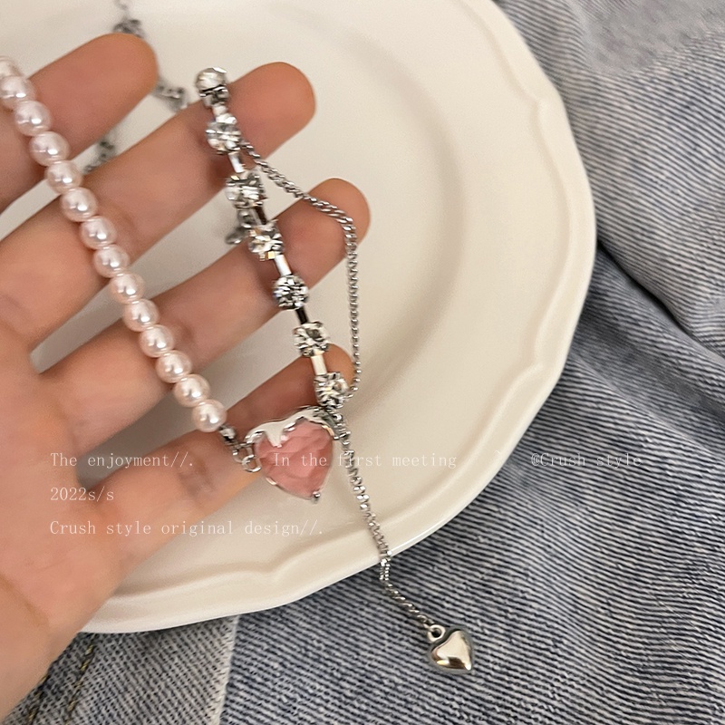 AY(CN) Kalung Rantai Choker Liontin Hati Aksen Mutiara Warna Pink Untuk Wanita