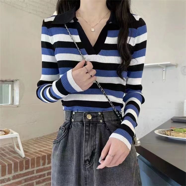 YIU YIU Rajut - Atasan Knit Wanita Lengan Panjang Korean Style V-neck Inner Stripe Top