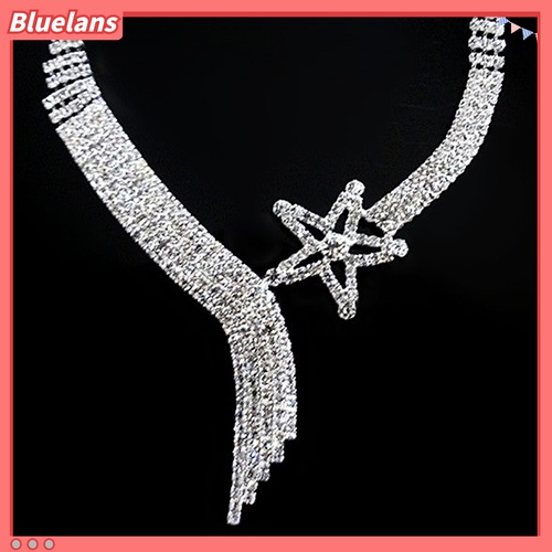 Bluelans Set Kalung + Anting Gantung Panjang Tusuk Aksen Berlian Imitasi + Rumbai Untuk Perhiasan Wanita