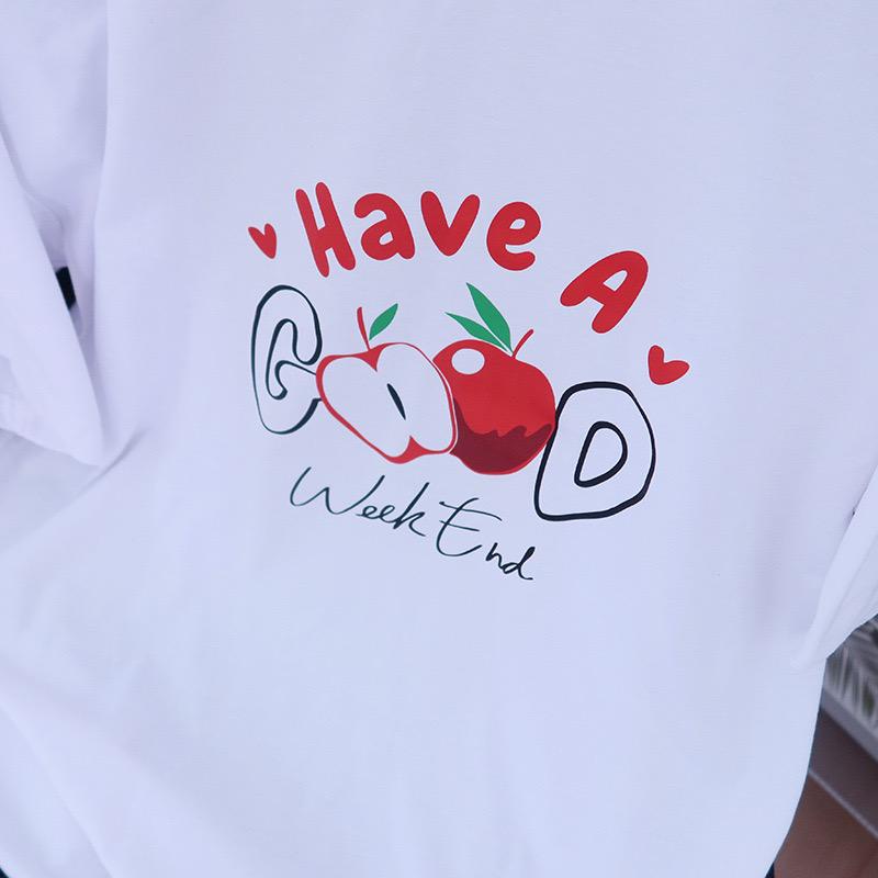 [littlecrab] Kaos Oversize Have A Good Weekend Cute Apple Love Bahan Berkualitas T-shirt Couple Unisex Simple Unik Gambar Apel Korean Style