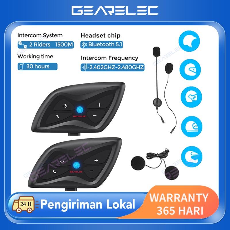 Gearelec DK01 Bluetooth Motor Helm Intercom Headset IP65 Waterproof 1500m Range 2-Orang BT5.1 Sistem Komunikasi Nirkabel