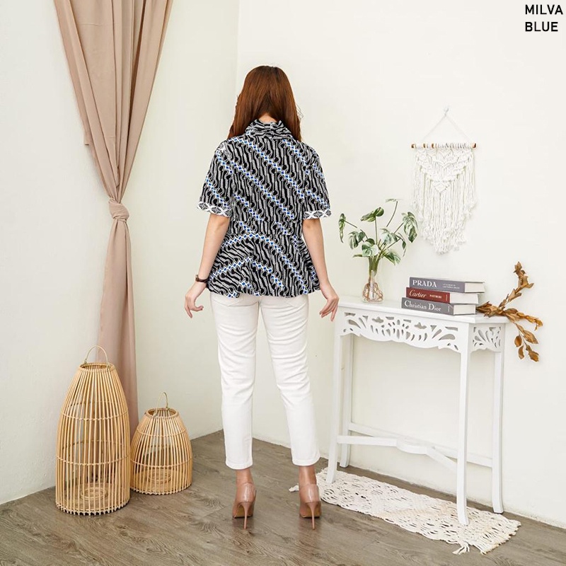 Evercloth Milva Blouse Wanita Atasan Wanita Blouse Batik Perempuan Atasan Batik Wanita Lengan Pendek Kebaya Kimono Batik Baju Kutu Seragam Sarimbit Set