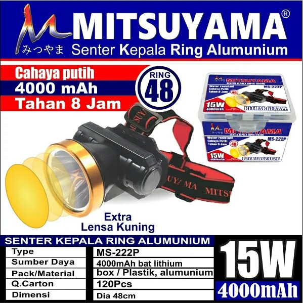 Senter Kepala 15 Watt Mitsuyama MS-222 Super Terang Cahaya Putih