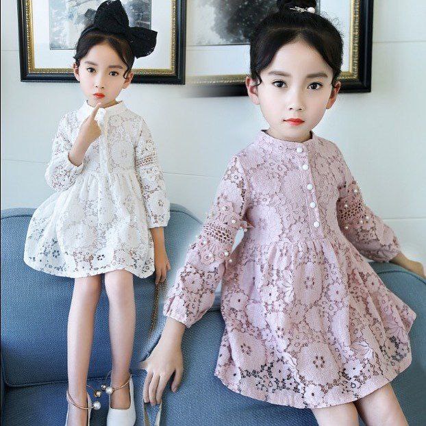 PREMIUM Dress Pesta Birthday Anak Import Brokat Brukat Mutiara Berlengan Putih Dusty Pink