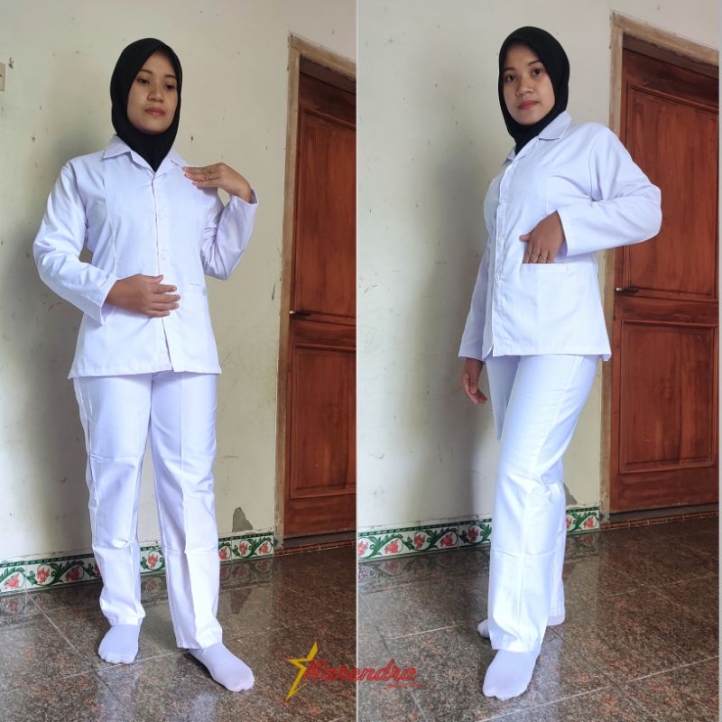 Jual baju seragam putih wanita lengan panjang perawat bidan nakes akbid