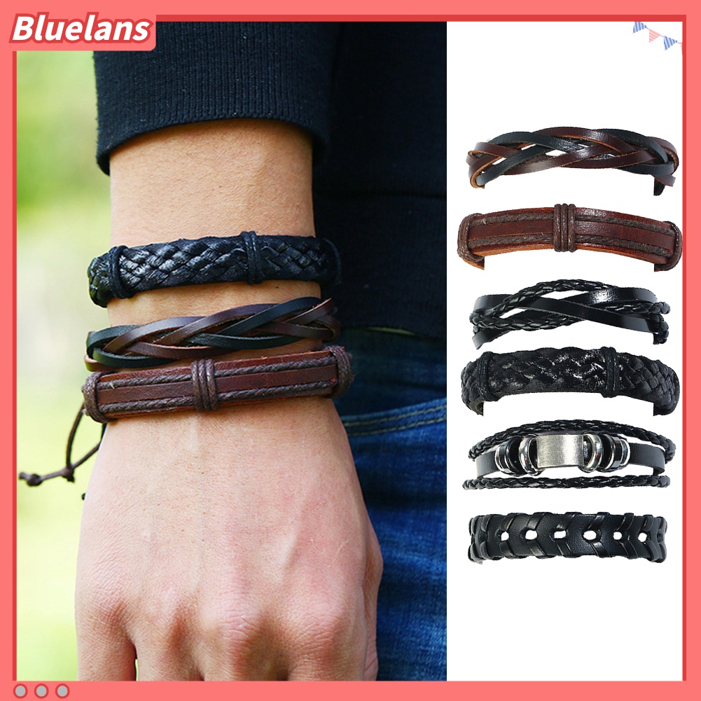 6pcs / Set Gelang Tali Kulit Kepang Multilayer Gaya Retro Untuk Pria