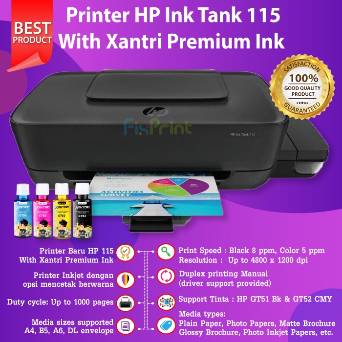 Printer Ink Tank HP 115 Infus With Tinta GT51 / GT53 Black GT52 Color