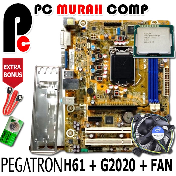 Paket lengkap Mainboard Mobo Motherboard LGA 1155 H61 PROCESSOR G2020