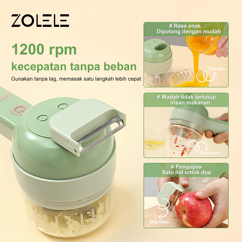 ZOLELE Electric Blender Wireless Chopper Multifungsi 4 in1 Alat Pemotong Sayuran Daging Genggam USB Charging Set Food Vegetable Onion Slicer Penggiling Cabe Cutter Fruit Slicer Grater Food Cooking Processor Mini ZD003