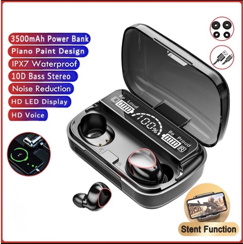 (COD) TWS M10 LED Headset Bluetooth Full Bass Stereo 3500mah Power Bank Wireless Earphone Tahan Air TWS with Mic Headphones  Handset Earbud Henset Handset Heandset Hedset Hetset