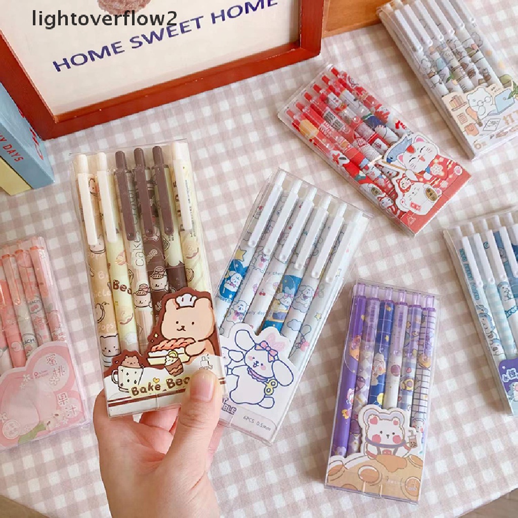 (lightoverflow2) 6pcs / Set Pulpen Tinta Gel Bentuk Kartun Beruang / Kelinci Untuk Stationery (ID)
