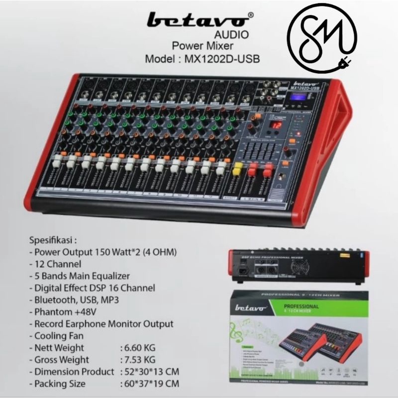 Power Mixer Betavo Audio MX1202D-USB 12 Channel Mono MX-1202D
