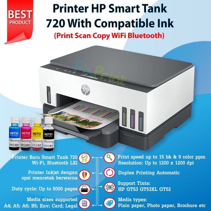 Printer HP Smart Tank 720 Print Scan Copy All in One Wireless WiFi Duplex GT52 GT53