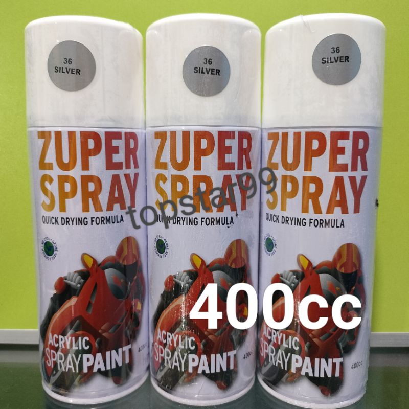 ZUPER Spray Paint Pilox Pilok Zuper Silver Glossy Perak 36 400cc Cat Semprot Zuper Acrylic Ukuran Besar 400 cc Quick Drying Formula /Cepat Kering