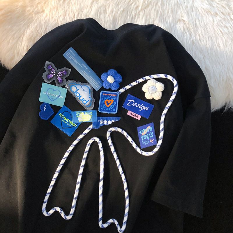 [littlecrab] Kaos Oversize Outline Pita Biru Putih Design Awan Bunga Kupu-Kupu Bordir T-shirt Couple Unisex Lembut Berkualitas Motif Cloud Flower Blue White Unik Korean Style