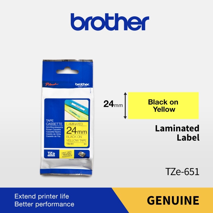 

Brother Color Tape TZE-651 24mm Laminated Black On Yellow