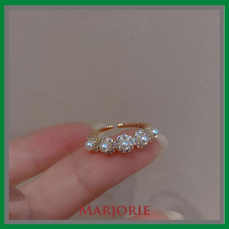 Double-layer Retro Pearl Diamond Ring Niche Light Desain Mewah Cincin Dapat Disesuaikan Terbuka-MJD