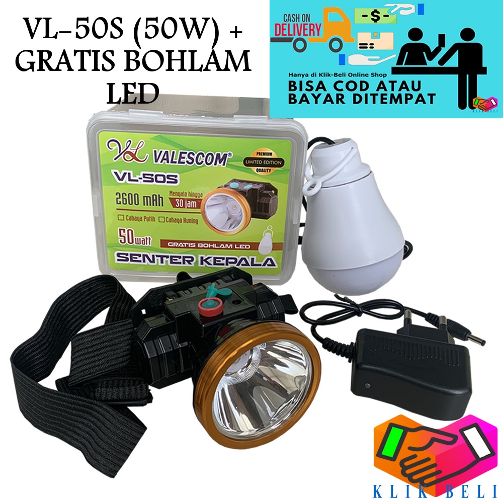 Valescom Senter Kepala 50W VL-50S 50 Watt Cahaya Putih / Kuning Rechargeable Cas Ulang + GRATIS Bohlam Lampu LED