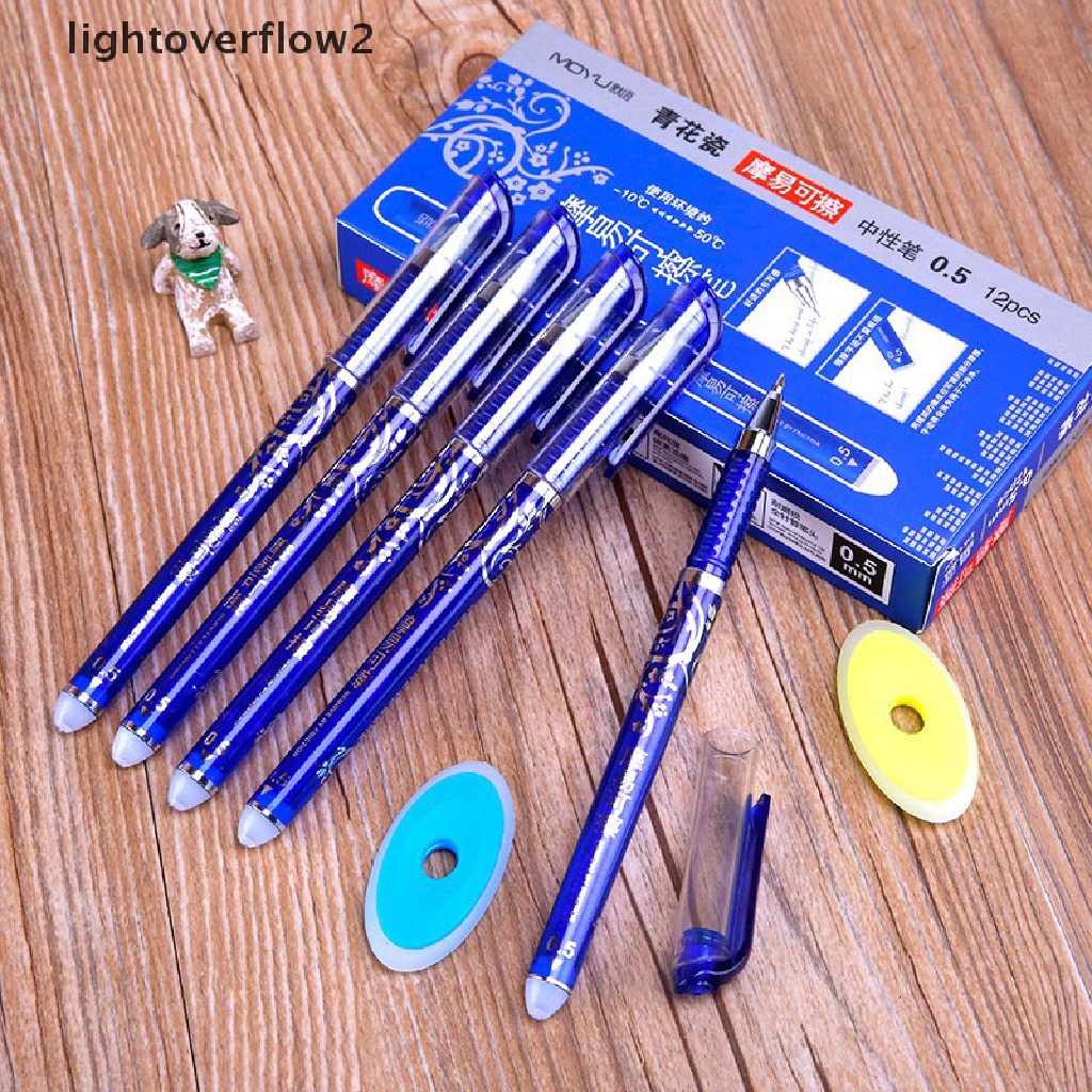 (lightoverflow2) 12pcs / Set Pulpen Gel 0.5mm Tinta Biru / Hitam Bisa Dihapus Untuk Sekolah