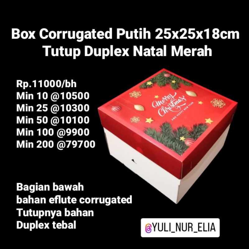 

Box Corrugated Putih 25x25x18cm Tutup Duplex Natal Merah