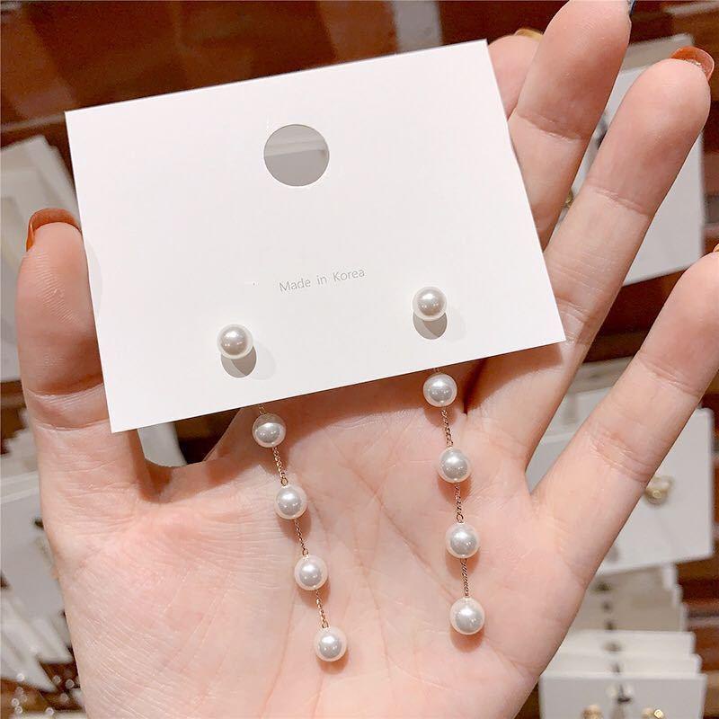 Anting Tusuk Panjang Mutiara Butir Menjuntai Tassel Wanita Korea Dalika