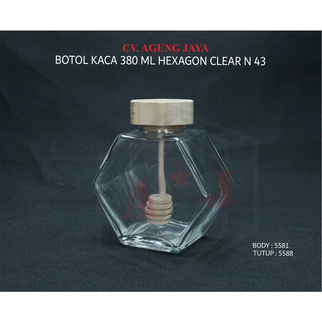 Botol Kaca Madu Hexagon 380 ml Tutup Kayu/Botol Kaca Madu 380 ml