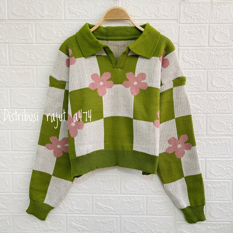 FAMELA ATASAN  SWEATER RAJUT CROP  KERAH MOTIF KOTAK KOTAK BUNGA WANITA