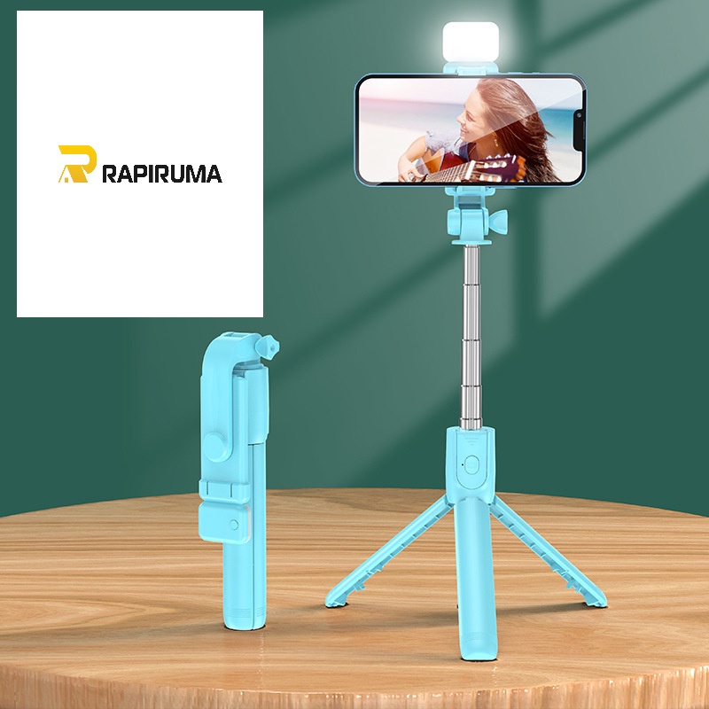 Tongsis Selfie Tripod Lampu LED Bluetooth 4 In 1 dengan remote control/ Selfie Stick Portable Flexible lampu LED/ Selfie Stick 360º-BIRU + LED