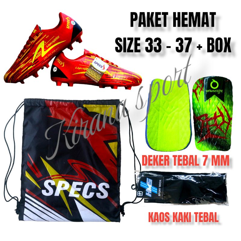 PROMO PAKET HEMAT SEPATU BOLA SPECS SIZE 33 - 38 ANAK ANAK JUNIOR ISI PAKET ( SEPATU BOLA, TAS